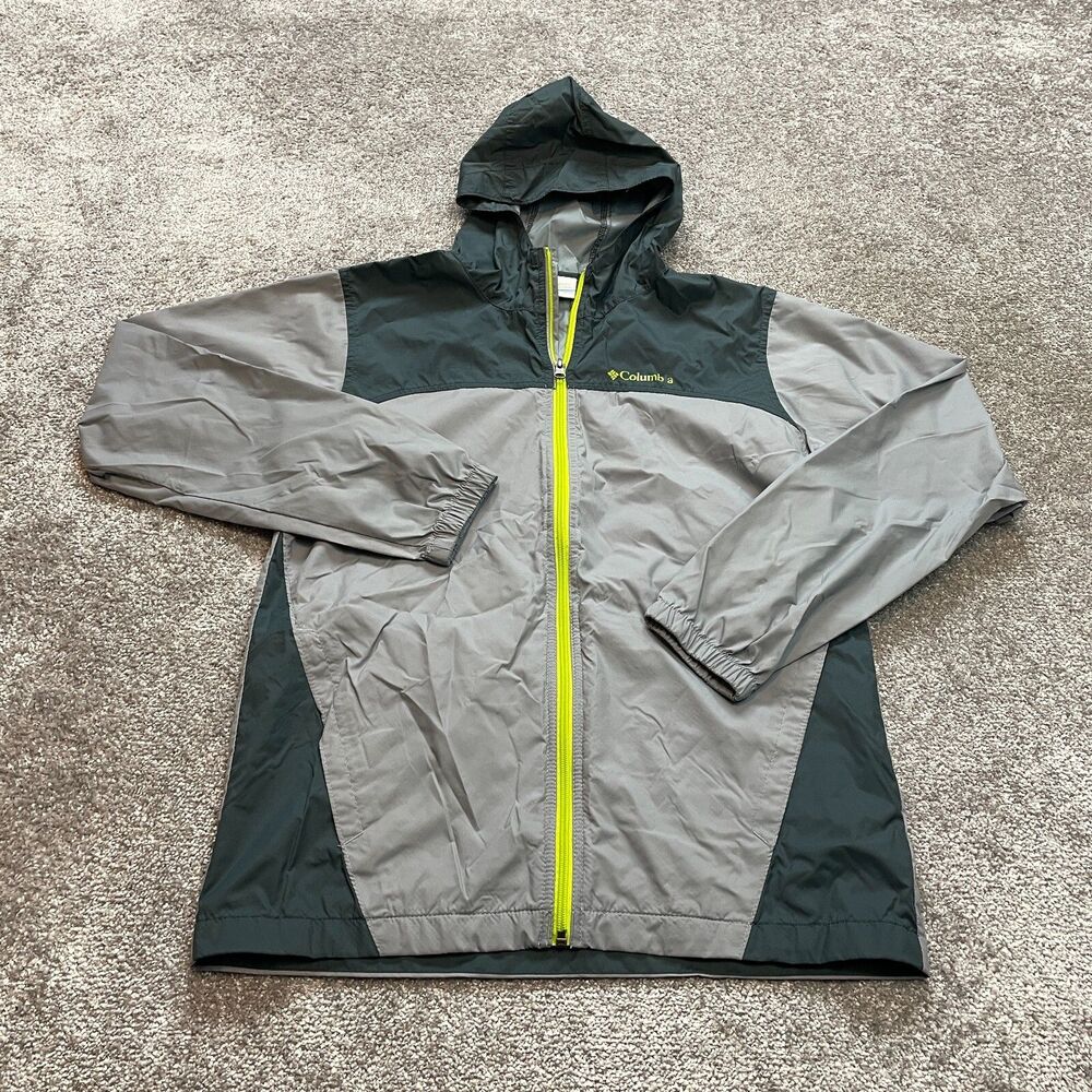 Columbia Windbreaker Jacket Boys XL 18/20 Gray Hooded Lightweight Full Zip